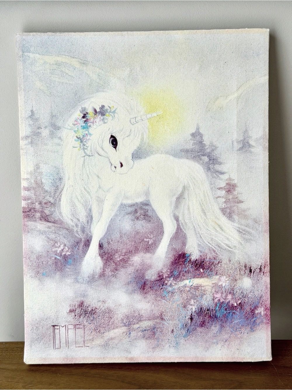 Mystical White Unicorn Canvas Wall  Art VTG Signed TEMPEL Whimsy Painting